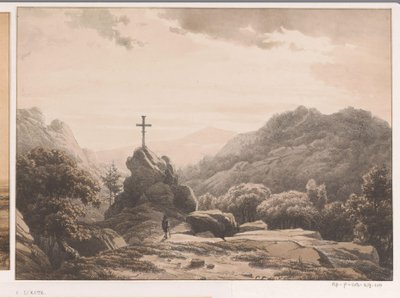 Fjelllandskap med kors på en stein av Cornelis Lieste