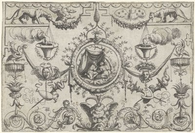 Ornament med tre skikkelser som kneler under et klede av Cornelis Massijs (attributed to)