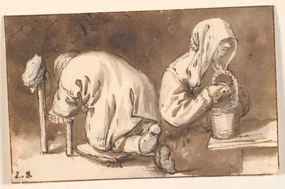 En knelende mann og en kvinne med en kurv av Cornelis Pietersz Bega