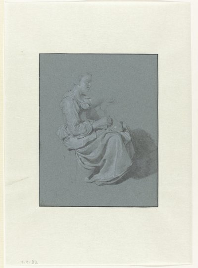Sittende kvinne, i profil til høyre, med en mugge i høyre hånd av Cornelis Pietersz. Bega