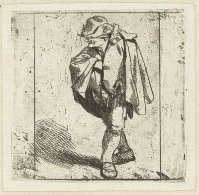 Stående mann med høyre hånd på brystet stukket inn i kappen av Cornelis Pietersz. Bega