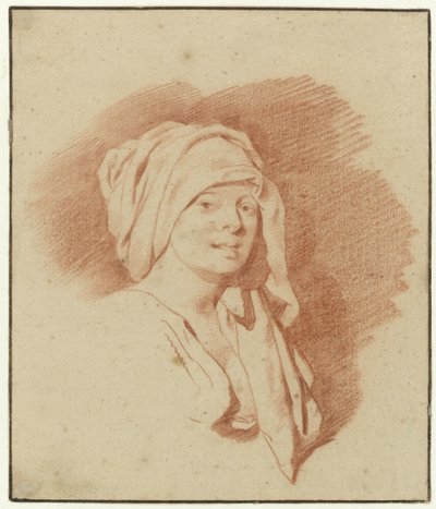 Studie av en kvinne, bystelengde, iført hodeplagg, Høyrevendt av Cornelis Pietersz. Bega