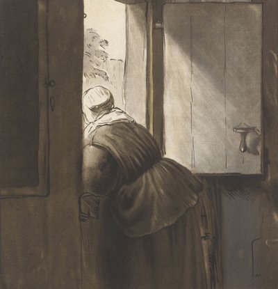 A Woman Leaning on the Bottom Door, etter Rembrandt van Rijn av Cornelis Ploos van Amstel