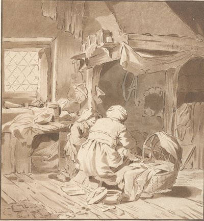 Våningshus interiør med to kvinner av Cornelis Ploos van Amstel (signed by artist)