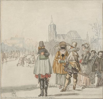 Elegant selskap på isen av Cornelis Ploos van Amstel (signed by artist)