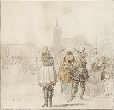 Elegant selskap på isen av Cornelis Ploos van Amstel (signed by artist)