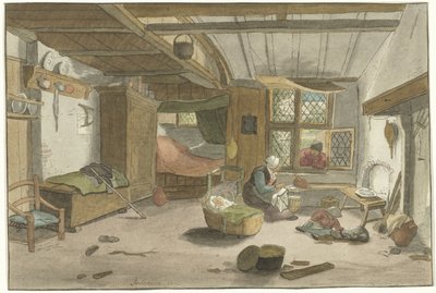 Interiør med kvinne ved barneseng av Cornelis Ploos van Amstel (signed by artist)