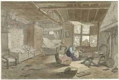 Interiør med kvinne ved barneseng av Cornelis Ploos van Amstel (signed by artist)