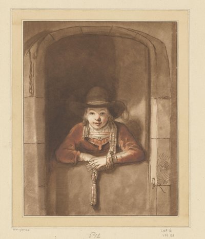 Gutt lener seg over en bunndør av Cornelis Ploos van Amstel (signed by artist)