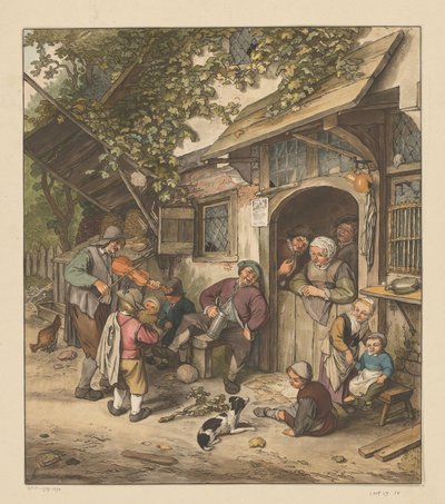 Spelemann foran et vertshus av Cornelis Ploos van Amstel (signed by artist)