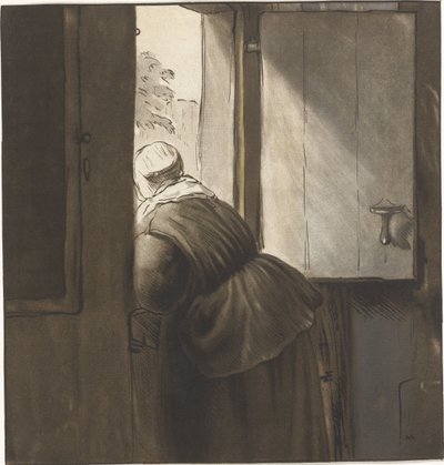 Kvinne lener seg over en nedre dør av Cornelis Ploos van Amstel (signed by artist)