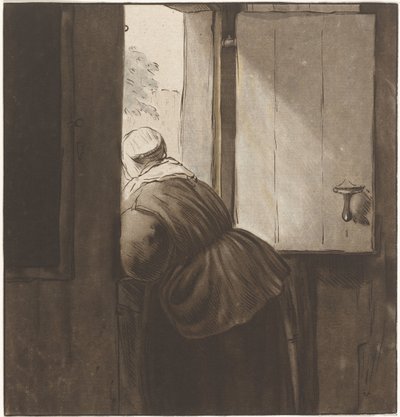 Kvinne lener seg over en nedre dør av Cornelis Ploos van Amstel (signed by artist)