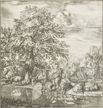 Hyrde og gjeterinne med flokk ved en elv Trykkverk (serietittel) av Cornelis Ploos van Amstel