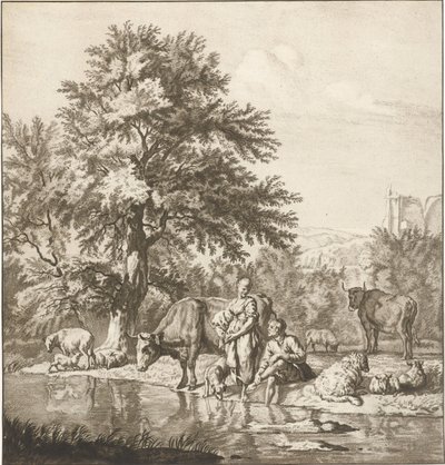 Hyrde og gjeterinne med flokk ved en elv Trykkverk (serietittel) av Cornelis Ploos van Amstel
