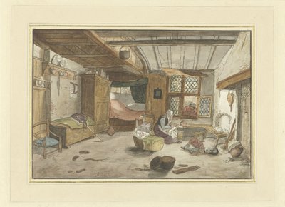 Interiør med kvinne ved barneseng av Cornelis Ploos van Amstel