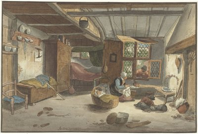 Interiør med kvinne ved barneseng av Cornelis Ploos van Amstel