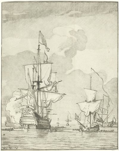 Krigsskip avfyrer et skudd av Cornelis Ploos van Amstel
