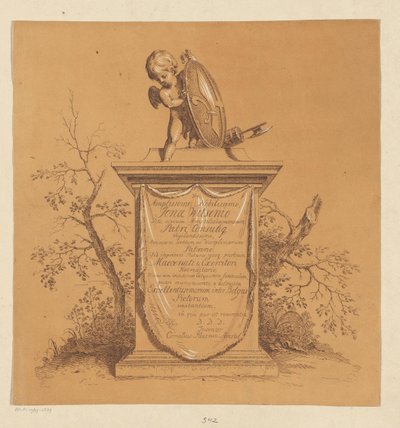 Stående putto på et monument med dedikasjon til Jonas Witsen av Cornelis Ploos van Amstel