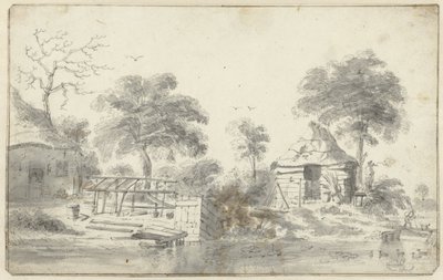 Gård med låve på vannet av Cornelis Saftleven