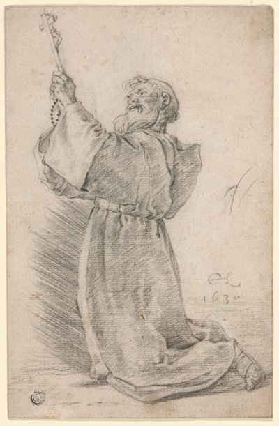 Knelende munk som holder et krusifiks av Cornelis Saftleven