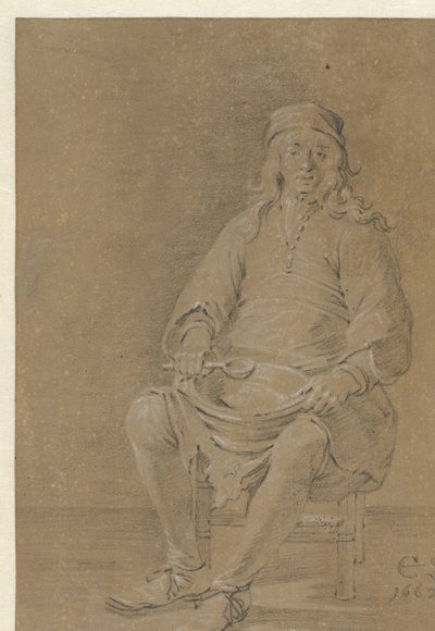 Sittende mann med en bolle på fanget av Cornelis Saftleven