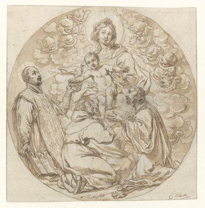 Jomfru og barn tilbedt av den hellige Ignatius av Loyola, den hellige Frans Xavier og den hellige munk av Cornelis Schut (I)
