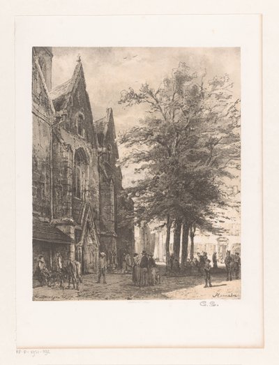 Folk foran Markedskirken på Hameln Hamelin (tittel på objekt) av Cornelis Springer