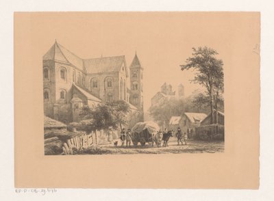 Storfe med vogn foran kirken fra 1000-tallet Peterskirken av Cornelis Springer