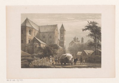 Storfe med vogn foran kirken fra 1000-tallet Peterskirken av Cornelis Springer