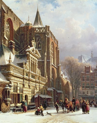 Utsikt over Hoofdwacht og Grote Kerk, Zwolle av Cornelis Springer