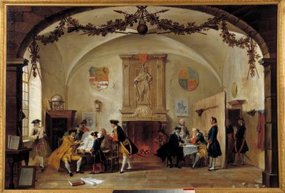 Allegori om krig mot Frankrike Nederlandske soldater studerer strategier under den spanske arvefølgekrigen (1701-1714) mellom Frankrike og Spania og en koalisjon dannet av England, Nederland og Preussen. Maleri av Cornelis Troost (1697-1750) 1747 Ha av Cornelis Troost