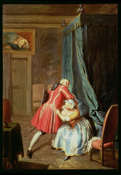 Interiøret i et soverom med et par som kaster seg av Cornelis Troost