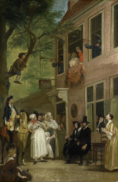 Villedet: Raskenes ambassadør avslører seg selv fra vinduet til "t Bokki Tavern i Haarlemmerhout, ca. 1739 av Cornelis Troost