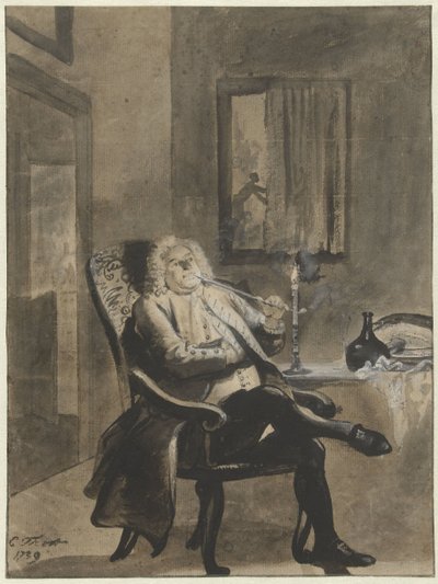 Sittende mann som røyker en pipe ved levende lys mens husene utenfor står i flammer av Cornelis Troost