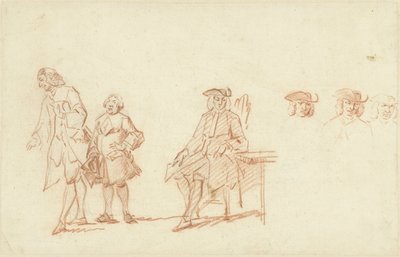 Studieark med to stående menn og en sittende mann, hvis hode gjentas tre ganger av Cornelis Troost