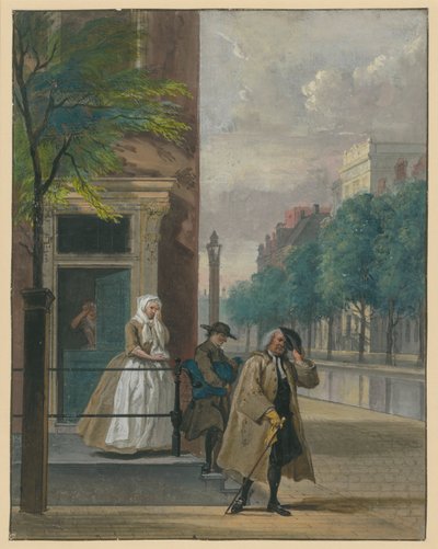 Scene fra en komedie («Den avslørte hyklerske dyd» av Lingelbach) av Cornelis Troost
