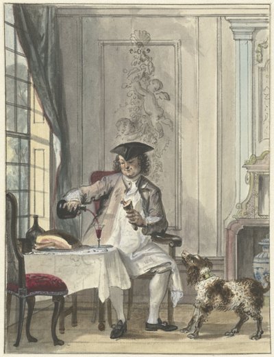 Spisemann med et glass vin og et bein av Cornelis Troost