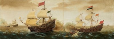 Et sjømøte mellom nederlandske og spanske krigsskip, ca. 1618–1620 (olje på panel) av Cornelis Verbeeck