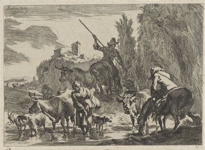 Gjeter med storfe vasser gjennom en bekk Landskap (serietittel) av Cornelis Visscher (II)
