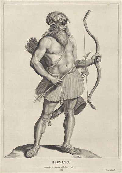 Herulan Herulus (tittel på objekt) Oude hier woonachtige volken (serietittel) Peplus eller goterne, vandalene, schwaberne, heruliene, gepidene, markomannerne og de eldgamle firedoblet Bilder fra de gamle monumentene og museet til Marcus Zuerius Boxhornius  av Cornelis Visscher (II)