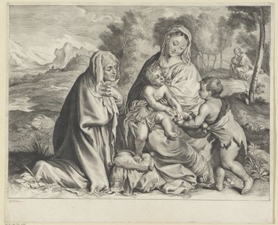 Landskap med den hellige familie, døperen Johannes og Elizabeth av Cornelis Visscher (II)