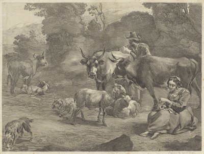 Landskap med en hyrde og en sy hyrde av Cornelis Visscher (II)