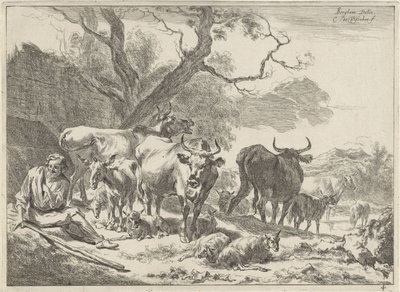 Hvilende gammel gjeter med flokken sin Landskap (serietittel) av Cornelis Visscher (II)
