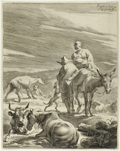 En mor og et svøpt barn som rir på et esel, plate 4 fra Fire landskap av Cornelis Visscher