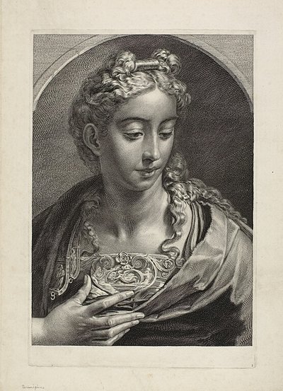 Athena, fra kabinettet Reynst; Variarum imaginum a celeberrimis artificibus pictarum Caelaturae (Cabinet Reynst: Graveringer av forskjellige bilder malt av kjente kunstnere) av Cornelis Visscher