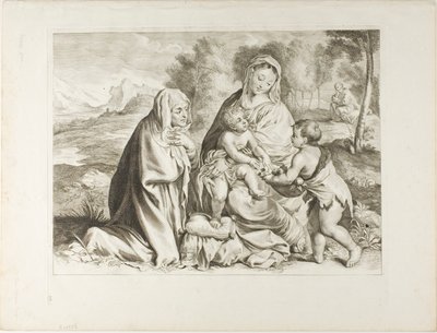 Den hellige familie med døperen Johannes og den hellige Elizabeth, fra kabinettet Reynst av Cornelis Visscher