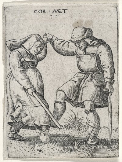 En mann med en bandasjert fot danser med en kvinne, 1572 (gravering på lagt papir) av Cornelis after Massys