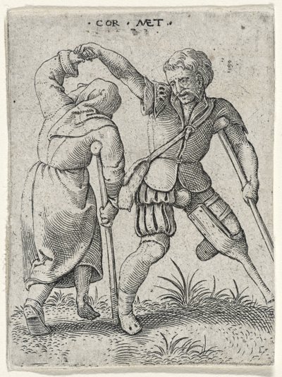En mann med et treben som snur en halt kvinne under armen, 1572 (gravering på lagt papir) av Cornelis after Massys