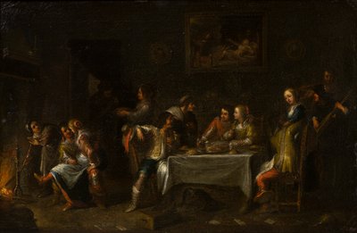 Mine damer og herrer fester rundt et bord, ca. 1612-67 (olje, lerret og papir) av Cornelis de (attr. to) Wael