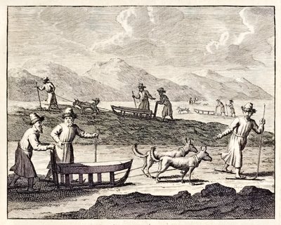 Russere som reiser med hundesleder i Sibir.», fra ‘Voyages de Corneille le Brun’. 1718 av Cornelis de Bruyn